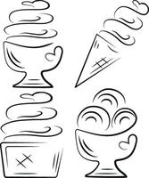 set of various ice creams in line art style, namely ice creams in cups and cones, for logos, packaging or various designs vector