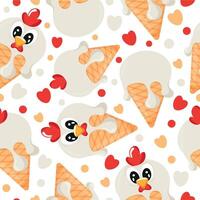 seamless pattern with cones with ice cream and animal print, namely rooster face and waffle cone, for design, packaging or advertising vector