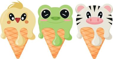 set of cones with ice cream and animal print, namely frog face, chicken face, zebra face and waffle cone, for design, packaging or advertising vector
