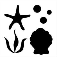 silhouette of shells, starfish and seaweed. Illustrations of the sea underwater world drawn with black ink. Black outline icon of shell and mollusks vector