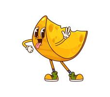 Groovy cartoon cheese character with tongue out vector