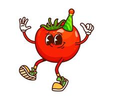Groovy tomato vegetable character on party vector
