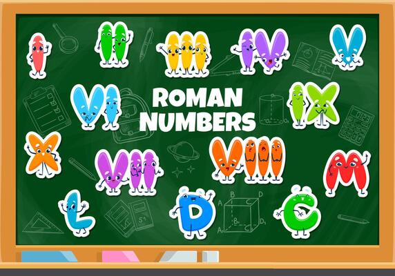 Cartoon Roman number characters stickers pack