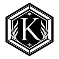 Logo design, monogram K, hexagonal frame, black and white, minimalist, laurel wreath, geometric, vector