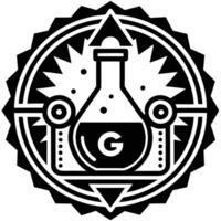 Black and white logo, scientific emblem, alchemy symbol, circular design, flask with G inside vector