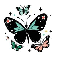Whimsical butterfly illustration, black and teal color scheme, celestial elements, stars and dots vector