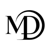 Minimalist logo design, black and white, MD monogram, interlocking letters, sleek typography, vector