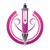 Logo design, fountain pen stylized, pink and black color scheme, circular motif, minimalist, elegant, vector