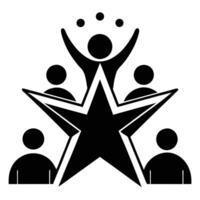 Minimalist logo design, black and white, star shape, abstract human figures, teamwork concept, achievement symbol, circular elements vector