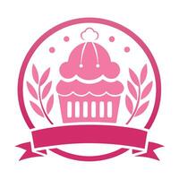 Pink cupcake logo, circular emblem design, minimalist bakery icon, cherry on top, laurel wreath, vector
