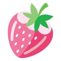A colorful illustration of a strawberry, featuring a bright pink body with white seeds and a leafy green top. The design is simplified and stylized, with smooth shapes and a glossy vector