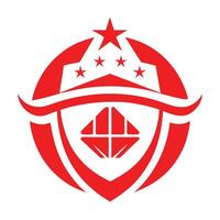 Red geometric logo, shield design, five-pointed stars, diamond shape, emblem, symmetrical, minimalist, flat design, iconic, bold, vector