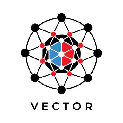 Geometric logo design, circular network pattern, interconnected nodes, red and blue triangles, black and white circles