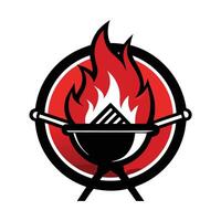 Logo design, barbecue grill icon, flames, red and black color scheme, circular emblem, minimalist vector
