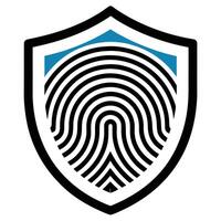 Shield logo, fingerprint design, security icon, black and white, blue accent, protection symbol, minimalist emblem, identity verification, biometric concept, graphic, clean lines, vector