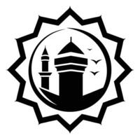 Islamic architecture, mosque silhouette, minaret, geometric star frame, black and white, minimalist design vector