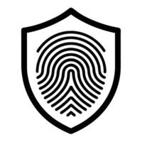 Shield icon, fingerprint symbol, biometric security, digital identity protection, black and white design vector