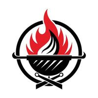 Logo design, grill icon, flame symbol, black and red color scheme, circular emblem, crossed utensils vector