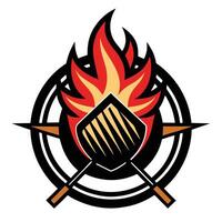 Logo design, flaming shield emblem, crossed swords, circular insignia, black and red color scheme, vector