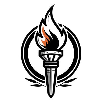 Logo design, torch emblem, stylized flame, black and orange, circular border, laurel wreath, minimalist
