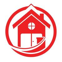 a red house with a window and a door in the middle of a circle vector