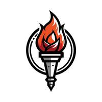 Torch logo, stylized flame, red and orange fire, metallic handle, circular emblem, black outline, minimalist design vector