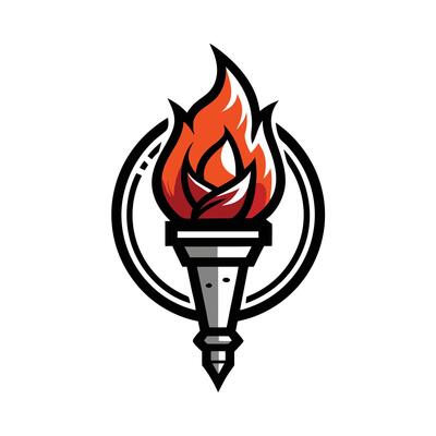 Torch logo, stylized flame, red and orange fire, metallic handle, circular emblem, black outline, minimalist design