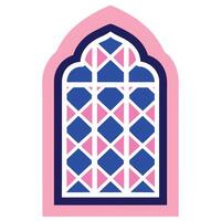 Geometric window design, Gothic arch shape, Pink and blue color scheme, Stained glass pattern, Minimalist illustration, vector