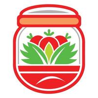 Stylized jar icon, red and green color scheme, tomato illustration, minimalist design, clean lines, flat graphic, food label concept vector