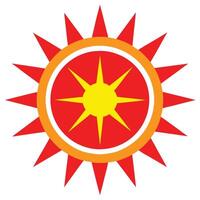 Stylized sun logo, geometric design, red and yellow color scheme, circular emblem, radiating sunburst pattern, concentric circles, bold graphic, vector