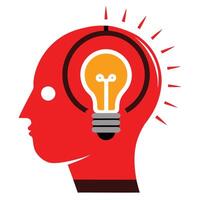Stylized red human head profile, glowing yellow lightbulb inside brain, minimalist design, concept of idea and creativity, vector