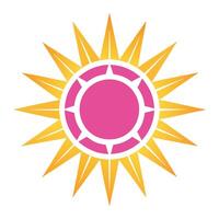 Stylized sun logo, geometric design, yellow and pink color scheme, radial symmetry, sharp pointed rays, circular center, minimalist, clean lines, vibrant colors, icon design, vector