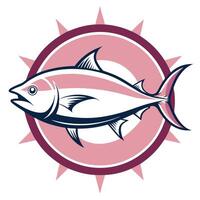 Logo design, stylized tuna fish, circular emblem, pink and purple color scheme, nautical theme, sleek lines, minimalist illustration, vector