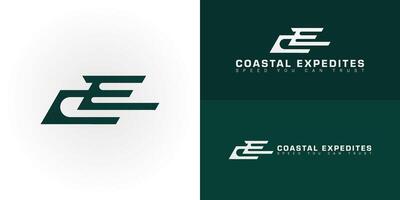 The dynamic logo design features the initial CE creatively integrated into a stylized arrow or wing shape, creating a unique symbol that evokes a sense of speed, movement, and efficient transportation vector