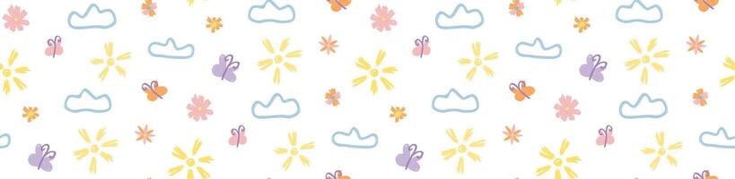 Seamless pattern with hand drawn doodle style flowers, clouds, suns and butterflies. Crayon pencil texture, child drawings. Cute background, spring, summer wallpaper for print, packaging, textile. vector