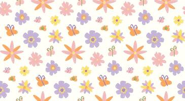 Seamless pattern with hand drawn doodle style flowers and butterflies. Crayon pencil texture, child drawings. Cute background, spring, summer wallpaper for print, packaging, textile. vector