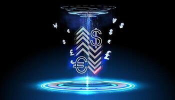 Modern digital currency exchange with floating currency symbols in a futuristic design illuminated by bright blue lights vector