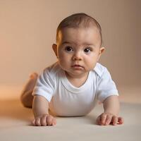 A studio shot of a baby in white clothes crawling on a beige floor is perfect for business use photo