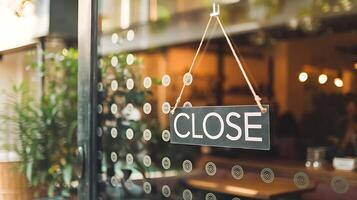 A closed sign hangs on a glass door of business indicating operating hours for this business photo