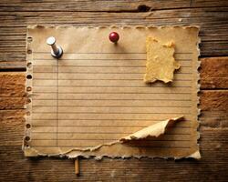 A blank lined paper with pins on a wooden surface suitable for business purposes photo