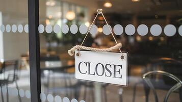 Business storefront displaying closed sign with rope hanger, indicating temporary inaccessibility of the shop or store photo