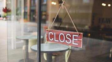 Closed sign hanging on a glass door of a business indicating that it's not open for operation photo