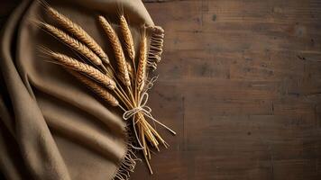 Golden wheat bundle with tied string on a wooden background with cloth for business photo