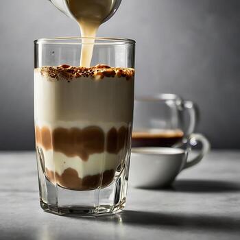 Pouring a latte into a glass with layer of coffee and milk for business usage photo
