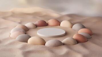 Abstract podium display with curved elements in neutral colors for product presentation business purposes photo