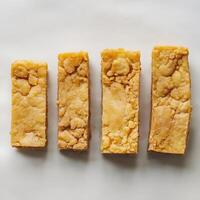 Four rectangular pieces of tempeh arranged in a row for business purposes photo