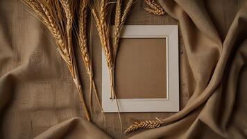 Wheat stalks frame a blank white picture frame against a textured tan fabric for a business project photo