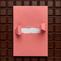 Chocolate bar background with a torn pink paper in the middle for text advertising business photo
