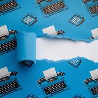 Vintage blue typewriters and calculators pattern background with torn paper for a business ad or creative project photo