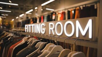 Illuminated Fitting Room Sign and Clothing Racks for Retail Business Concept photo